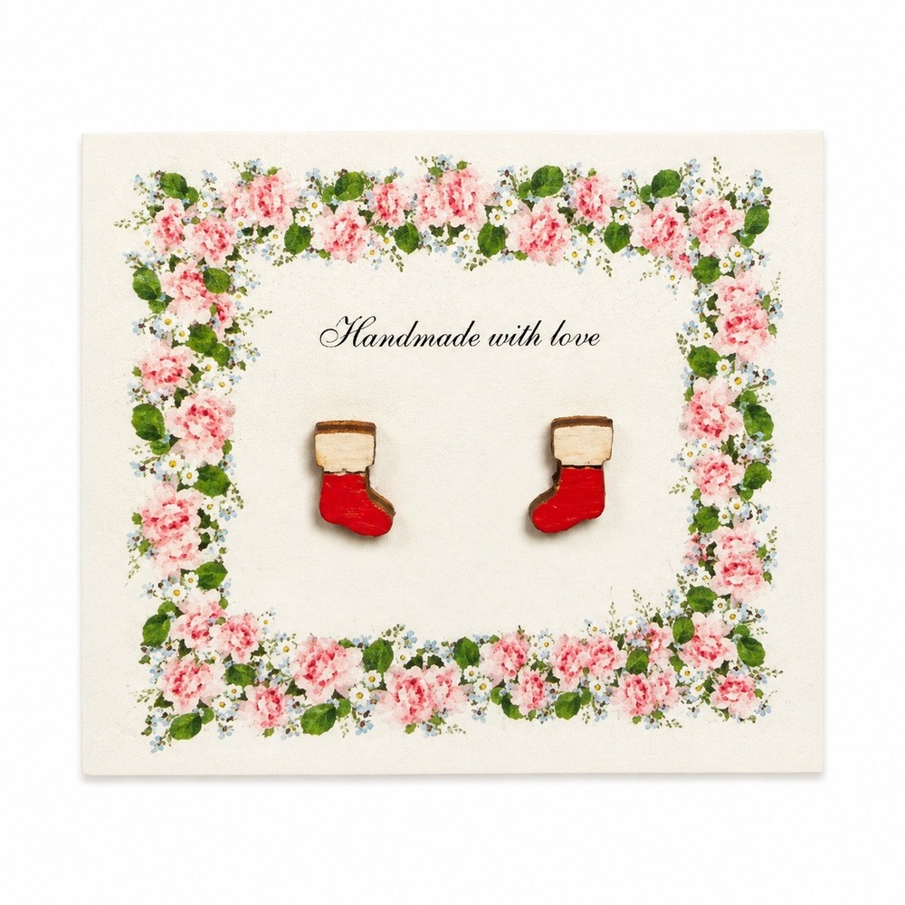 Handmade Christmas Stocking Stud Earrings Womens OS Red Wood Holiday Festive
